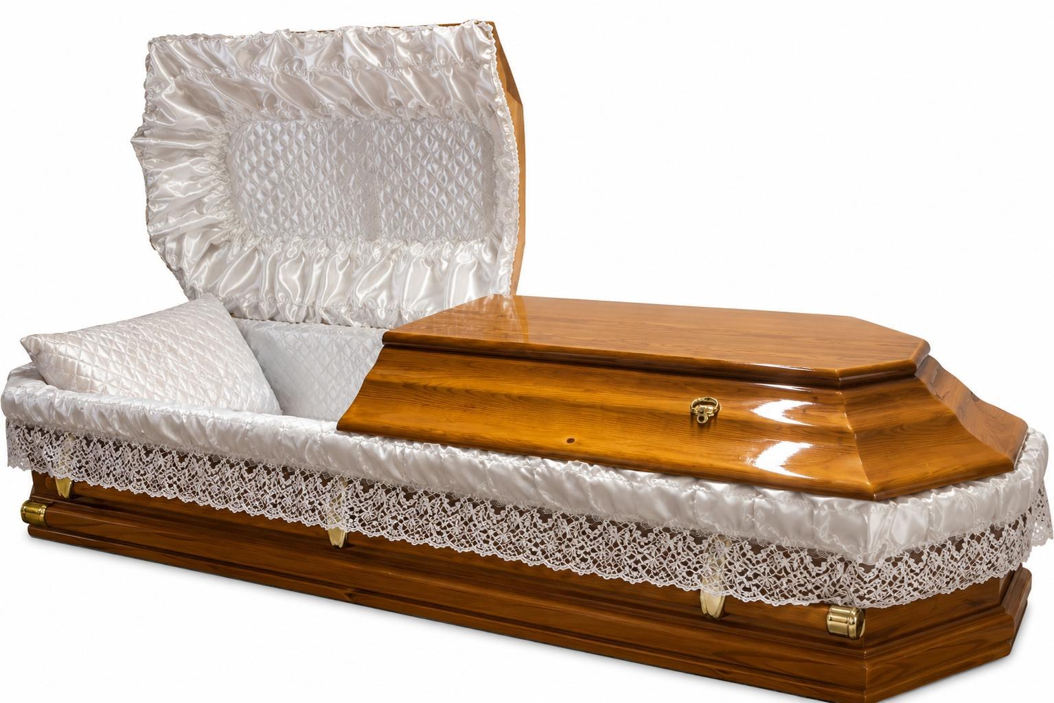 Sicriu stejar auriu cu interior satin alb